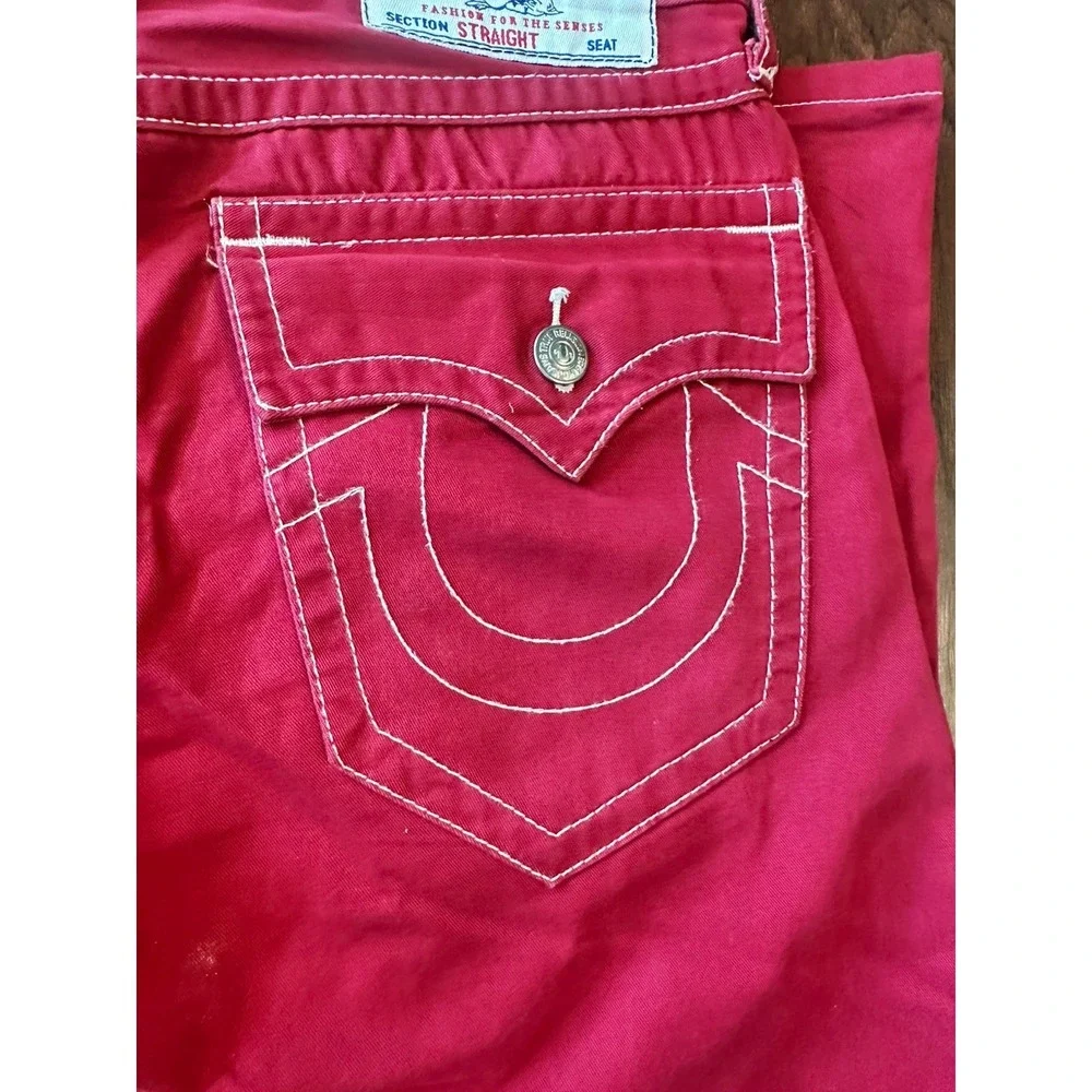 True Religion Ricky Straight Red Jeans Men's Size 33x30 White Stitch Y2K